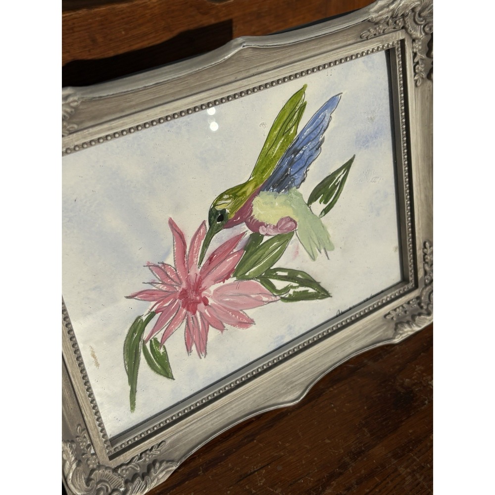 Original Watercolor Print Humming Bird Flower Signed Claudia 2018 Botanical Pink - Picture 3 of 5